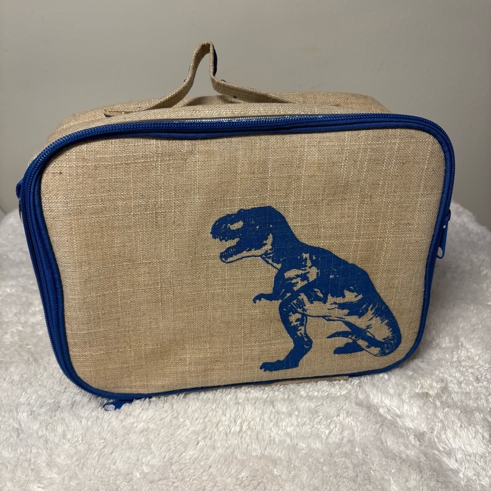 SoYoung Insulated Linen Blend Blue Dinosaur Soft Lunch Box / Bag * No Long Strap